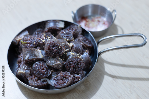 Sundae is a type of blood sausage in Korean cuisine. sometimes anglicized as soondae. photo