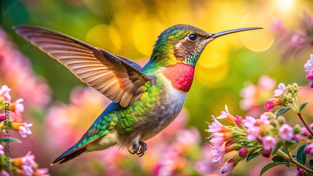 Fototapeta premium Ultra hd macro Colorful humming bird are flying near flowers and pecking at water droplets falling from beautiful wild flowers pollen. 