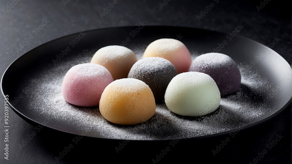 mochi being served on a sleek, dark plate against a dark table background. The mochi, dusted with powdered sugar or covered in sweet toppings mochi being served on a sleek, dark plate against a dark table background. The mochi, dusted with powdered sugar or covered in sweet toppings