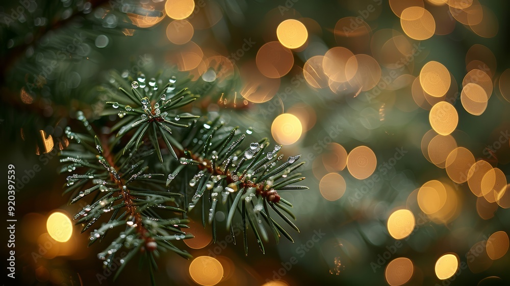 Close-up of a pine branch with water droplets and soft glowing lights during the holiday season Close-up of a pine branch with water droplets and soft glowing lights during the holiday season