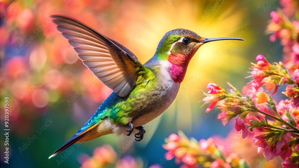 Fototapeta premium Ultra hd macro Colorful humming bird are flying near flowers and pecking at water droplets falling from beautiful wild flowers pollen. 