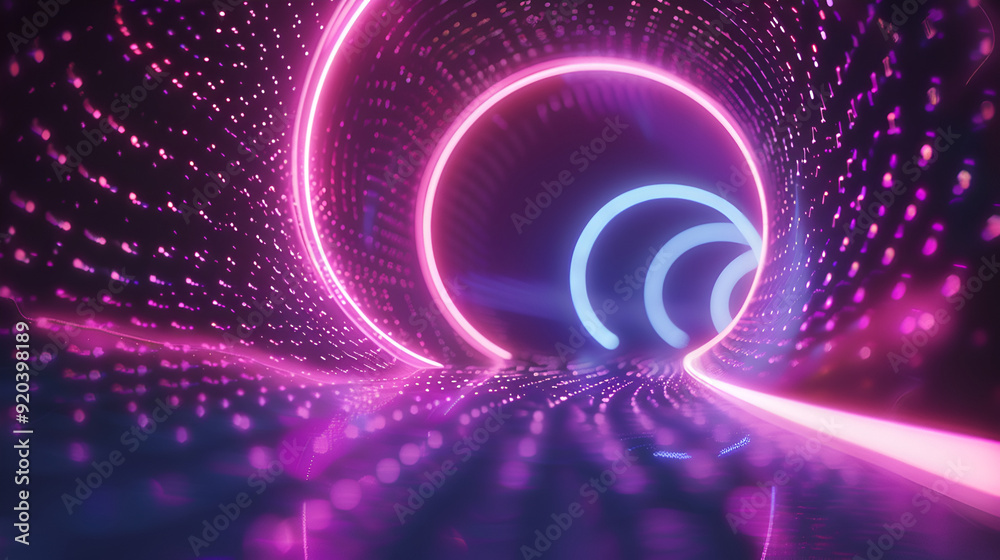 Multicolored waves on black background,Round tunnel with reflective walls and neon circle illumination,Dark abstract futuristic background. The geometric shape of the cyber circle in the middle

