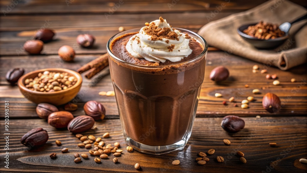 Rich, velvety chocolate protein smoothie with whipped cream and chopped nuts, garnished with a sprinkle of cocoa powder, inviting a delicious and healthy treat. Rich, velvety chocolate protein smoothie with whipped cream and chopped nuts, garnished with a sprinkle of cocoa powder, inviting a delicious and healthy treat.