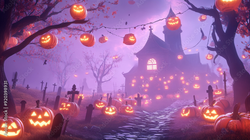 Fototapeta premium halloween pumpkins in dark forest, with black castle, flat vector illustration background