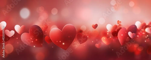 Banner with red hearts on blurred background for Valentines Day