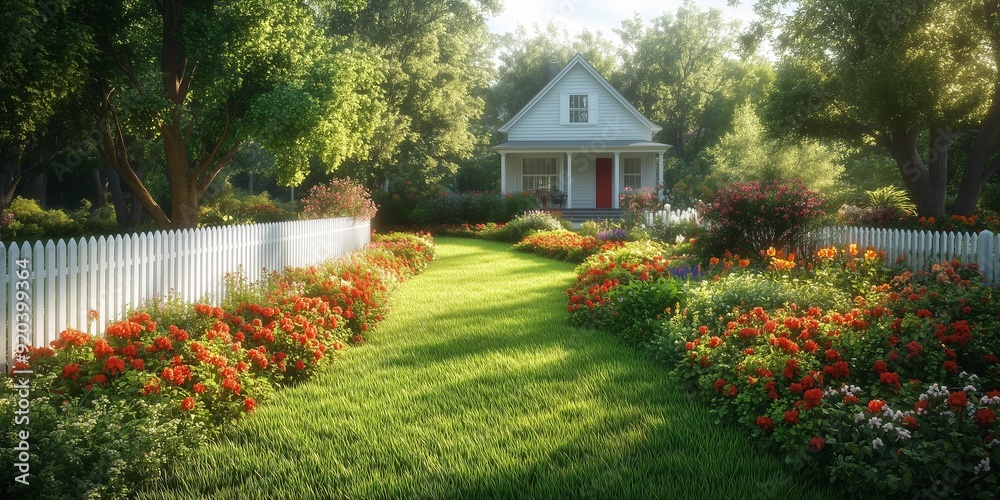Fototapeta premium Welcoming Suburban Retreat with Colorful Floral Landscape, generative ai