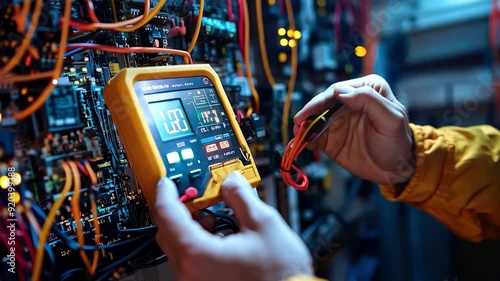 Engineer hand holding an AC multimeter, inspecting the voltage of the electric current at the circuit breaker terminal for electricity and electrical maintenance services.