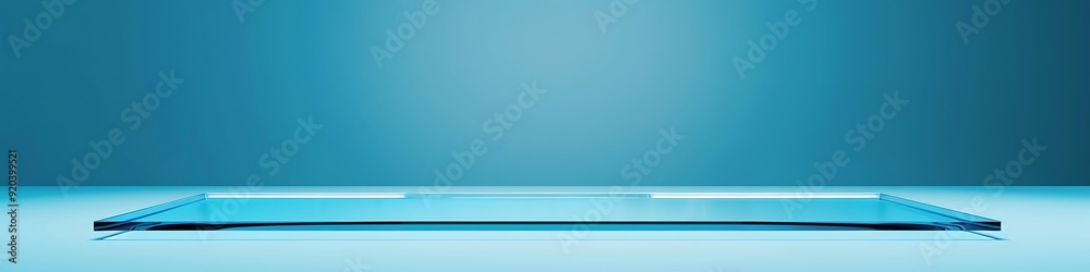 Transparent glass podium with clean lines on a bright blue background, ample left space for text. Transparent glass podium with clean lines on a bright blue background, ample left space for text.