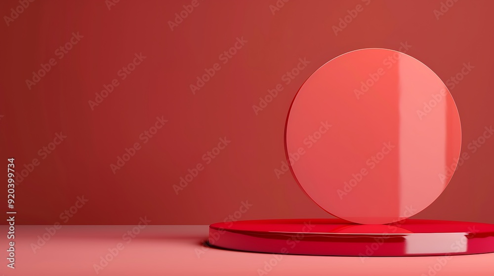 Vibrant red background with a glossy podium mockup, right side positioned, left space for text. Ultra HD clarity, high resolution Vibrant red background with a glossy podium mockup, right side positioned, left space for text. Ultra HD clarity, high resolution