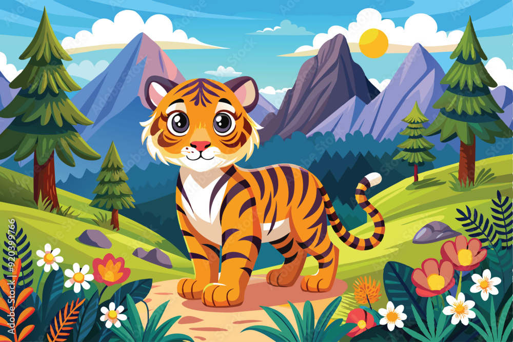 background view of cute tiger animal in mountain forest and pine trees around river. background view of cute tiger animal in mountain forest and pine trees around river.