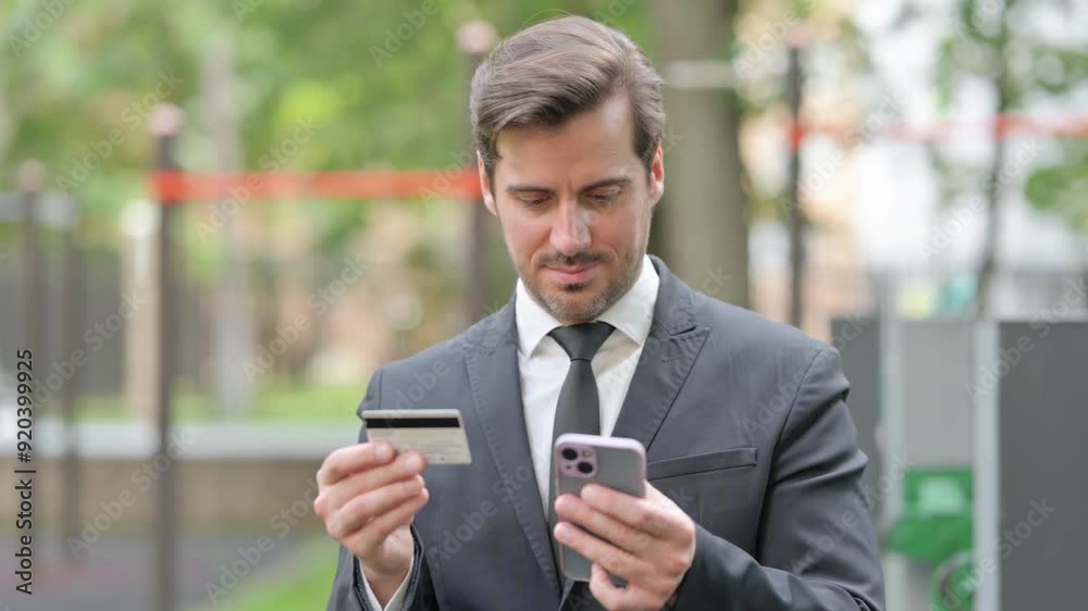Portrait of Young Businessman Shopping Online with Phone Outdoor Portrait of Young Businessman Shopping Online with Phone Outdoor