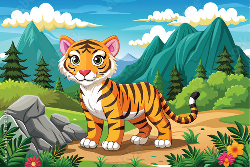 background view of cute tiger animal in mountain forest and pine trees around river.