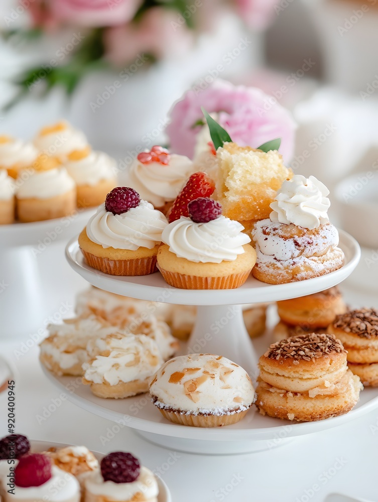 different mini cakes on fancy stand on an terrazzo white table, Generative AI different mini cakes on fancy stand on an terrazzo white table, Generative AI