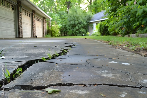 Cracked Concrete Driveway Surrounded by Lush Greenery