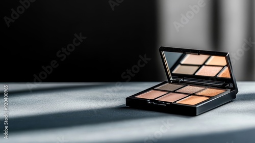 Eyeshadow palette with colors partially obscured by shadows, chiaroscuro lighting.