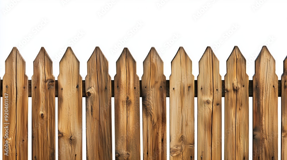 Fototapeta premium Wooden Picket Fence With Clean Cut Boards And Natural Brown Tones For Outdoor Decoration Isolated on White Background