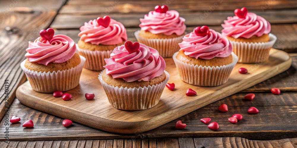 Colorful Valentine's Day treats featuring pink-frosted cupcakes with heart-shaped decorations, beautifully arranged on a rustic wooden board, perfect for romantic celebrations and sweet indulgences. Colorful Valentine's Day treats featuring pink-frosted cupcakes with heart-shaped decorations, beautifully arranged on a rustic wooden board, perfect for romantic celebrations and sweet indulgences.