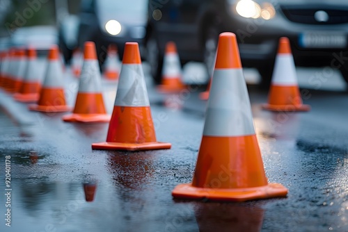 Traffic Cones Lining a Wet Roadway Amidst Vehicles