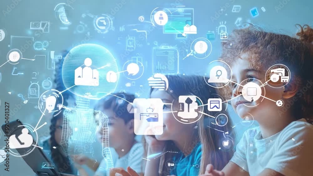 Children are exploring digital learning tools with the help of an AI assistant, symbolizing the future of education and the advancement of personalized learning.