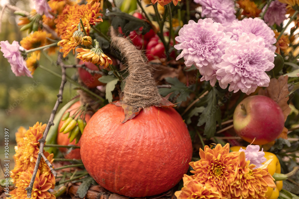 autumn composition of pumpkin, flowers and fruits, autumn decor