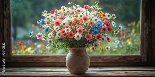 High-Detail Rustic Vase with Wildflowers for Home Decor, generative ai