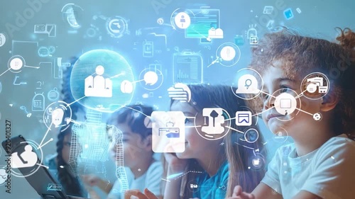 Children are exploring digital learning tools with the help of an AI assistant, symbolizing the future of education and the advancement of personalized learning.