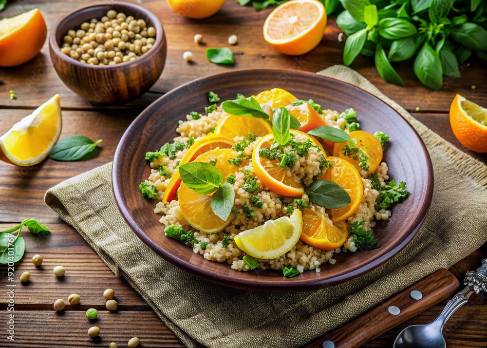 Vibrant table setting featuring a wholesome quinoa salad with juicy orange segments and crunchy pistachios, garnished with fresh herbs on a rustic wooden table. Vibrant table setting featuring a wholesome quinoa salad with juicy orange segments and crunchy pistachios, garnished with fresh herbs on a rustic wooden table.