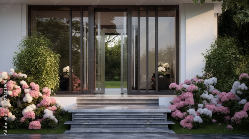 Luxury exterior side of building with entrance door and green plants. Neural network ai generated art Luxury exterior side of building with entrance door and green plants. Neural network ai generated art