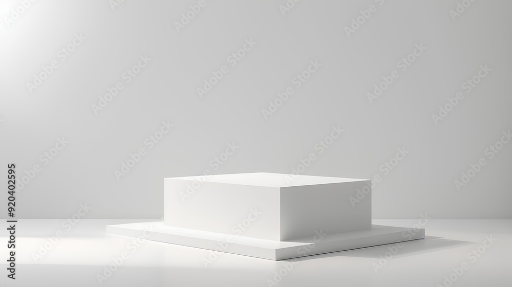 Fototapeta premium A simple, rectangular podium with a clean, white surface, placed in a bright, well-lit space, ideal for mockups or product displays.