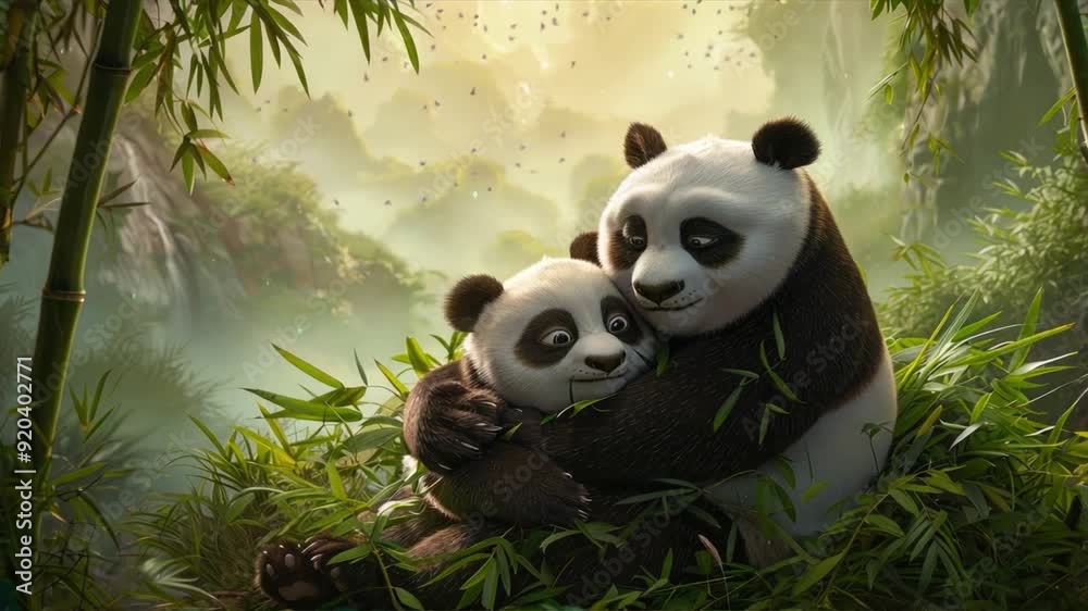 A Panda's Embrace: Mother and cub share a tender moment amidst a tranquil bamboo forest, their bond illuminated by soft sunlight. A Panda's Embrace: Mother and cub share a tender moment amidst a tranquil bamboo forest, their bond illuminated by soft sunlight.