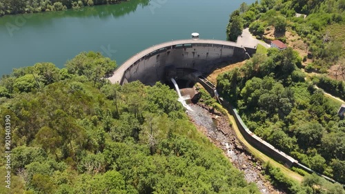 Above Embalse de Eiras Water Dam Reservoir In Pontevedra, Galicia Spain. Aerial Drone Shot photo