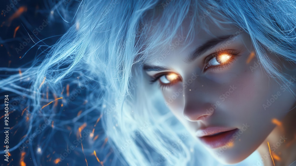 Celestial woman with luminous silver hair and radiant, otherworldly features, eyes glowing with inner light, fantasy close-up, striking beauty Celestial woman with luminous silver hair and radiant, otherworldly features, eyes glowing with inner light, fantasy close-up, striking beauty