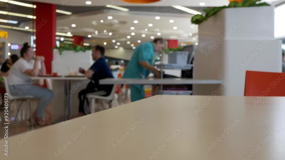 Unrecognizable people in fast food cafe. Cleaner is cleaned on the table. Restaurant staff member are cleaning. Food court. Blurred background Unrecognizable people in fast food cafe. Cleaner is cleaned on the table. Restaurant staff member are cleaning. Food court. Blurred background