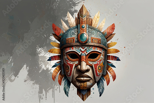 Fusion Mask Illustration Blending Norse and Aztec Elements with Metallic and Colorful Patterns photo