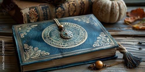 a blue book with a gold ring on top.  photo