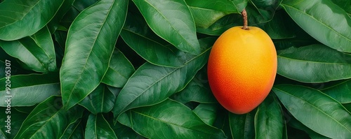 A vibrant, juicy mango, hanging temptingly from a tall, exotic tree, its golden skin glowing amidst the deep green leaves photo