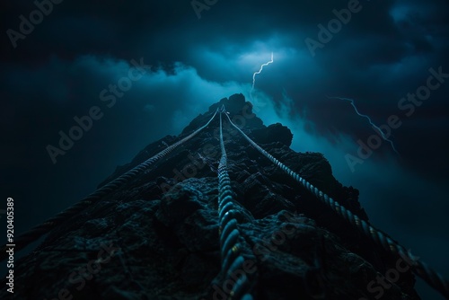 A dark spire, surrounded by darkness, features climbing ropes and gear, emphasizing the challenge and thrill of spire climbing.