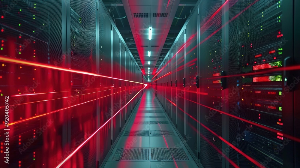 Time-Lapse of Dark Data Center with Light Trails Flying Between Multiple Rows of Operational Server Racks.Concept of Fast Modern World Time-Lapse of Dark Data Center with Light Trails Flying Between Multiple Rows of Operational Server Racks.Concept of Fast Modern World