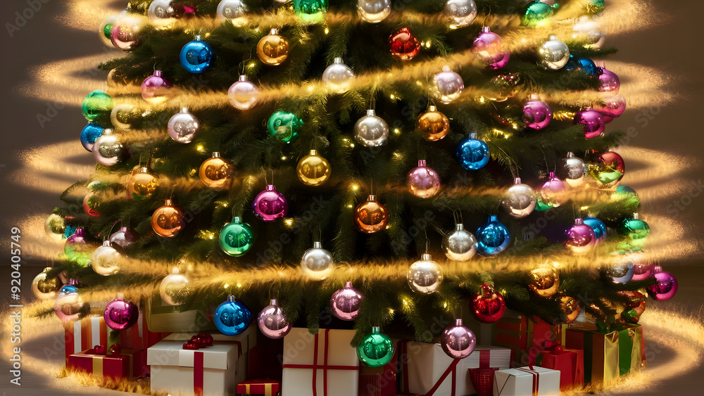 Naklejka premium Christmas Tree With Baubles And Blurred Shiny Lights, Christmas tree