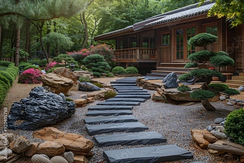 a stone path leading to a house.  photo