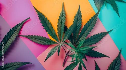 Marijuana leaves on a colorful background, close up top view on cannabis leaves and branches on colorful background for alternative medical and marketing design concept photo