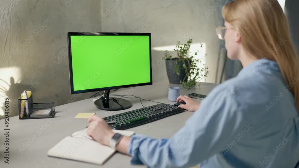 Young Woman Looks at Computer with Green Screen Mock Up Display and Writes Something in Notebook. Girl Working In Office On Computer With Green Screen Young Woman Looks at Computer with Green Screen Mock Up Display and Writes Something in Notebook. Girl Working In Office On Computer With Green Screen