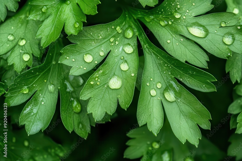 Detailed close-up of dew-covered parsley leaves, emphasizing the vibrant color and the essence of its refreshing flavor Detailed close-up of dew-covered parsley leaves, emphasizing the vibrant color and the essence of its refreshing flavor