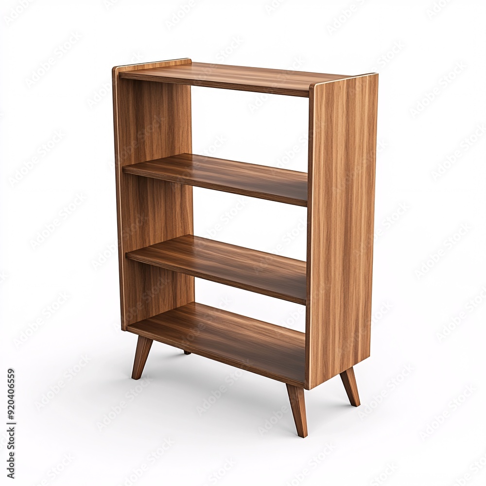 240805 104. Brown colored bookshelf, white background, 3D Rendering, isometric, mid-century modern design, tapered legs, asymmetrical shelf layout 240805 104. Brown colored bookshelf, white background, 3D Rendering, isometric, mid-century modern design, tapered legs, asymmetrical shelf layout