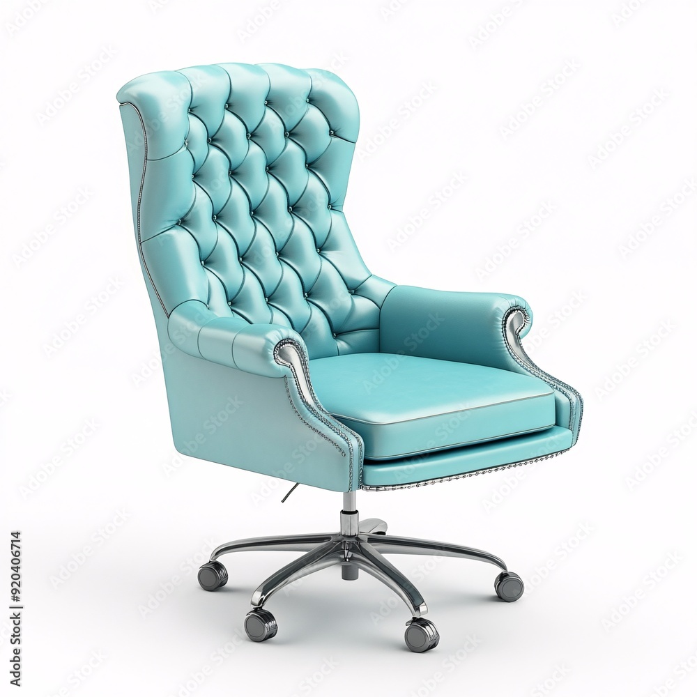 240805 108. Office chair with cyan upholstery, white background, 3D Rendering, isometric, high back executive design, tufted leather look, swivel base 240805 108. Office chair with cyan upholstery, white background, 3D Rendering, isometric, high back executive design, tufted leather look, swivel base