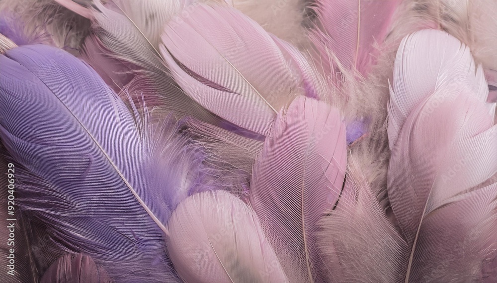 Fototapeta premium Horizontal background with fluffy pastel feathers of light pink and blue colors. It can be used as a vertical one 