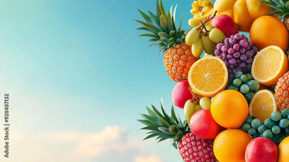 Lush tropical fruit tree with oversized, exotic, juicy fruits hanging from tall, slender branches, vibrant colors against a bright sky, highlighting nature's abundance Lush tropical fruit tree with oversized, exotic, juicy fruits hanging from tall, slender branches, vibrant colors against a bright sky, highlighting nature's abundance
