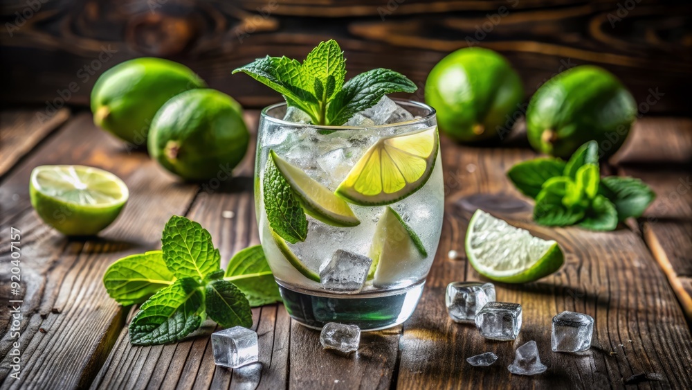 Sparkling glass filled with chilled gin, lime wedges, and tonic water, surrounded by fresh mint leaves and ice cubes on a rustic wooden table. Sparkling glass filled with chilled gin, lime wedges, and tonic water, surrounded by fresh mint leaves and ice cubes on a rustic wooden table.