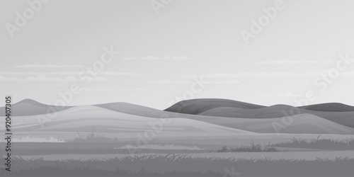 Minimalist grass field landscape with mountain ranges grayscale graphic illustrated have blank space.