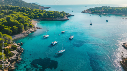 Aerial view of tranquil bay with yachts on crystal clear water, lush greenery surrounding secluded beaches, idyllic summer vacation destination for sailing and relaxation.